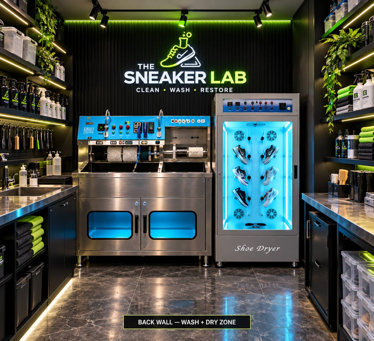 The Sneaker Lab cleaning and drying workspace